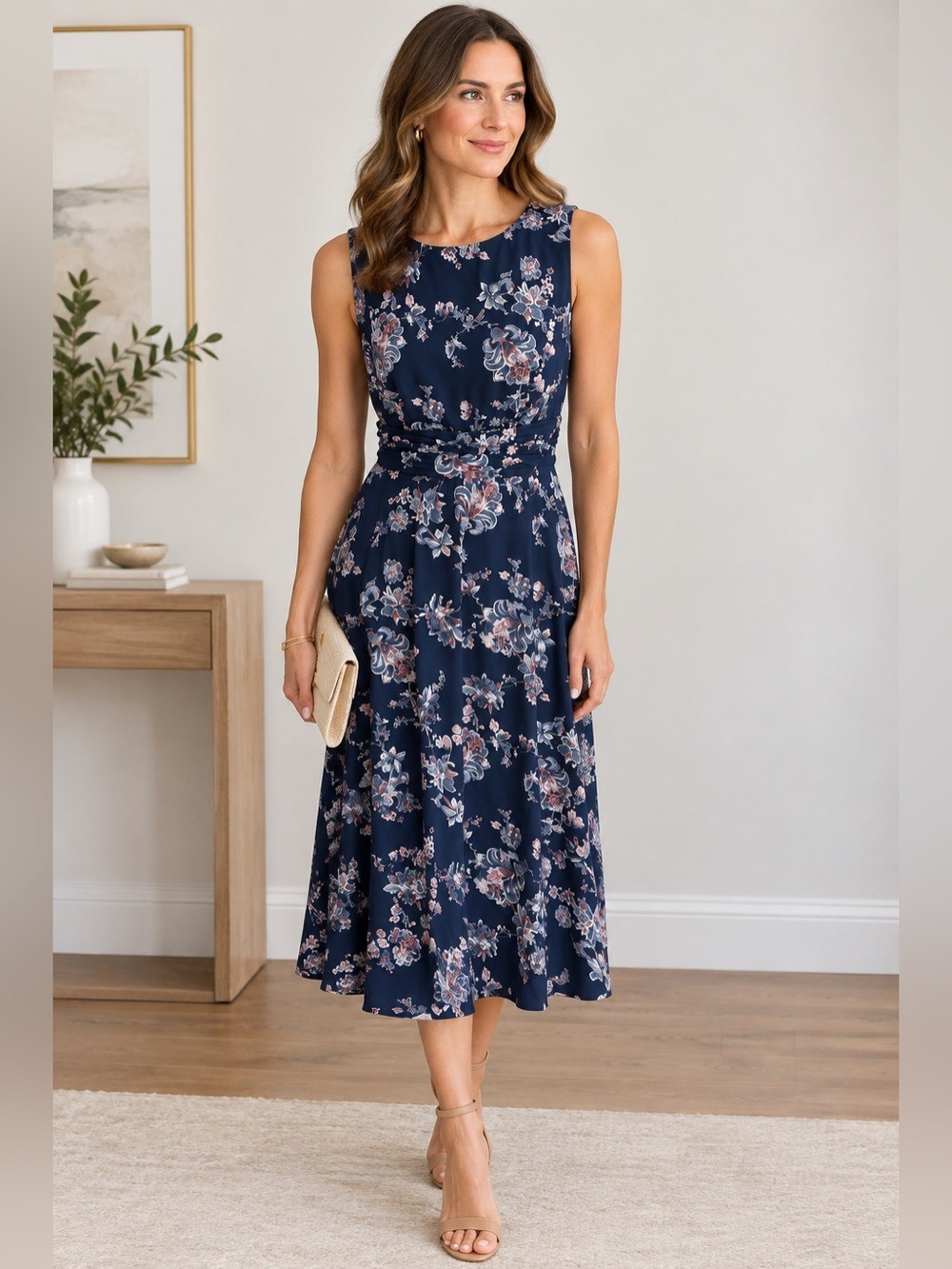 Navy Floral Sleeveless Midi Dress - Laura